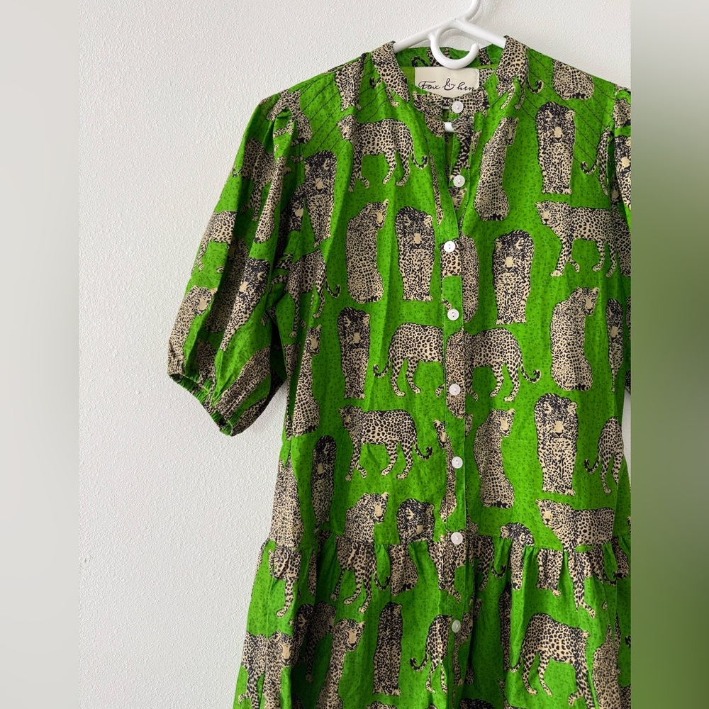 Fox & Hen Green Cheetah Dress  Button Front with Pockets